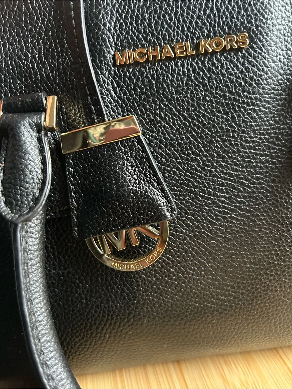 Michael Kors Black Pebbled Leather Satchel with Gold Hardware and Strap